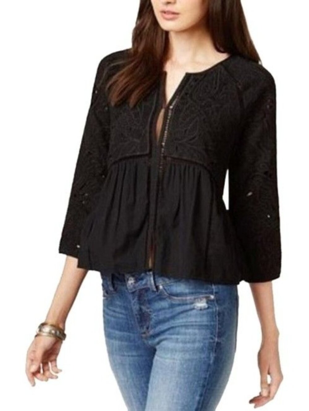Lucky Brand Black Crochet Trim Embroidered Jacket